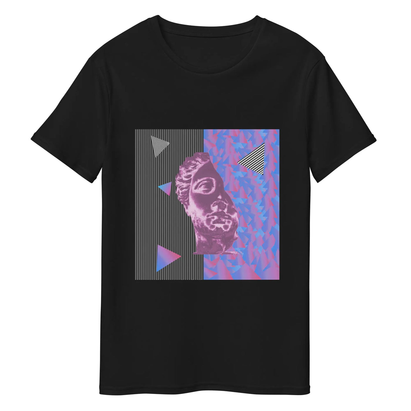 mens black streetwear tshirt with a purple motif on a white background