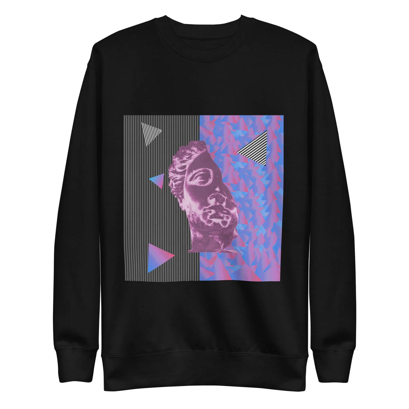 black unisex streetwear sweater with a purplemotif on a white background