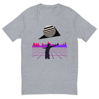 mens grey streetwear tshirt with a purple motif on a white background