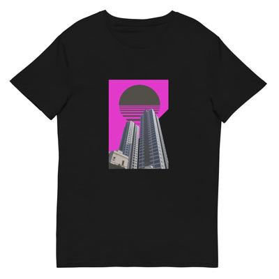 mens black streetwear tshirt with a purple motif on a white background