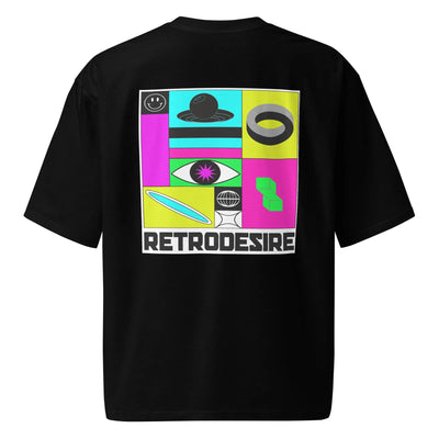 mens black streetwear tshirt  multicoloured motif on a white background