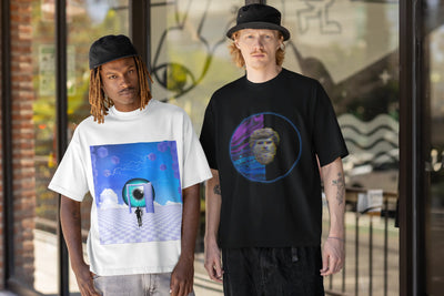 2 male models in front of a glass background