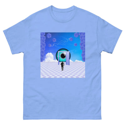 mens blue streetwear tshirt with a blue motif on a white background