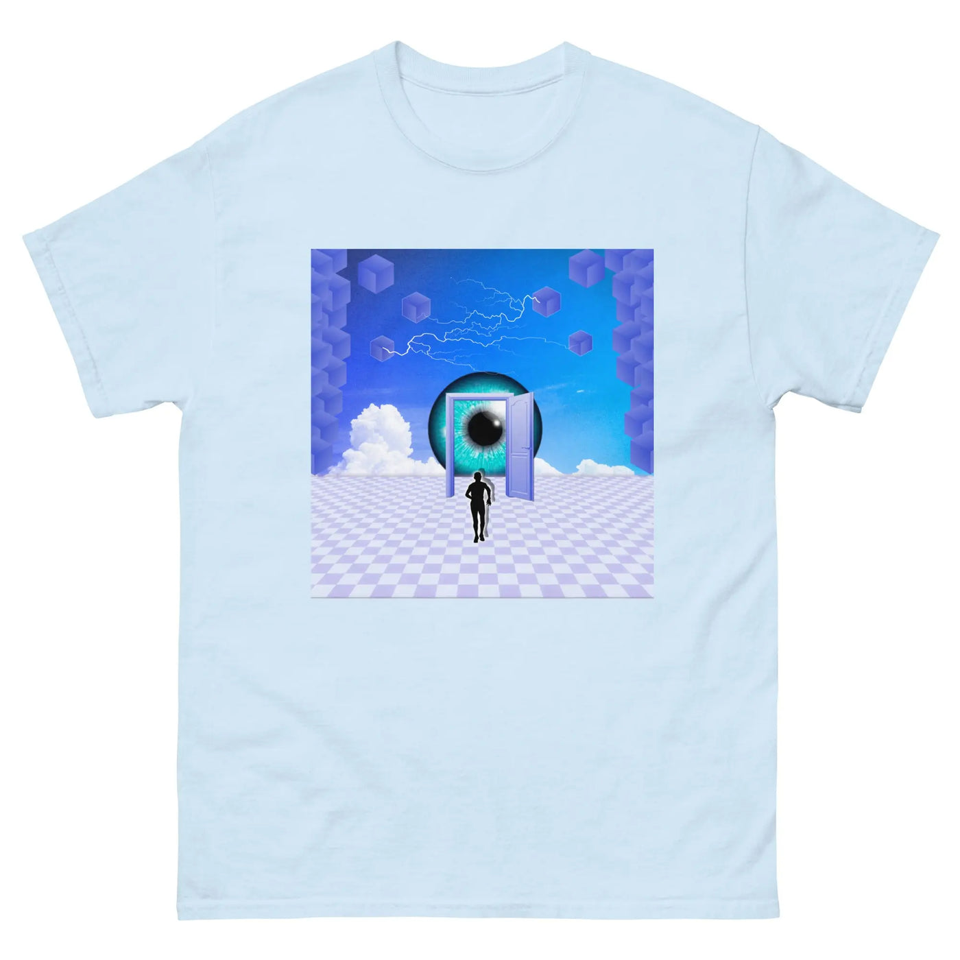 mens blue streetwear tshirt with a blue motif on a white background