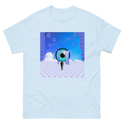 mens blue streetwear tshirt with a blue motif on a white background