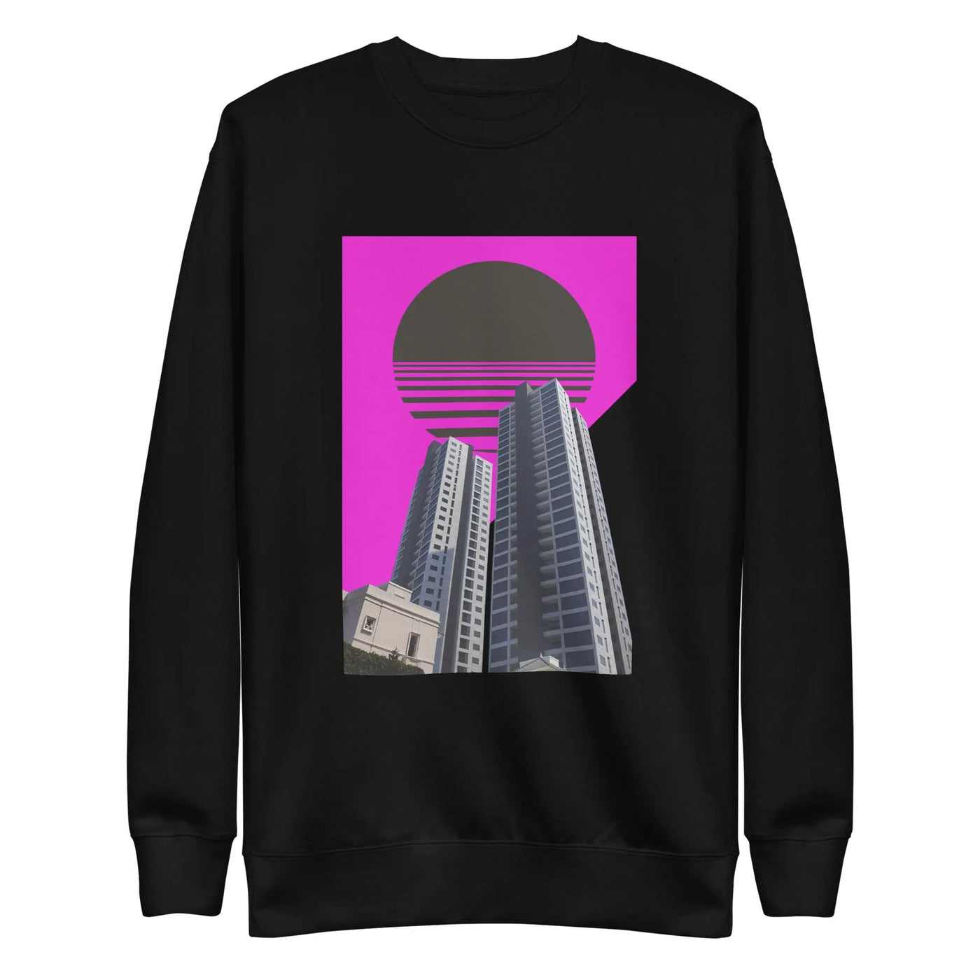 black unisex streetwear sweater with a purplemotif on a white background