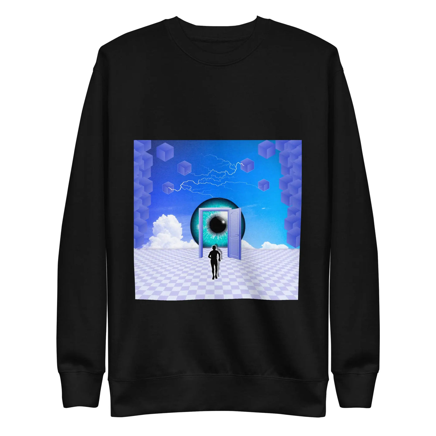 black unisex streetwear sweater with a blue motif on a white background