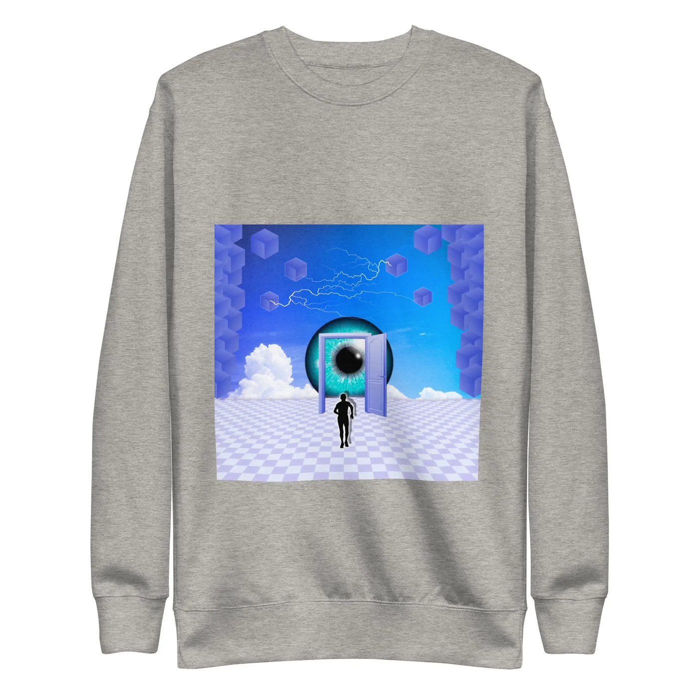 grey unisex streetwear sweater with a blue motif on a white background