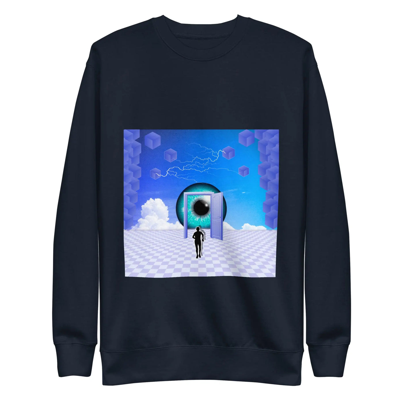 blue unisex streetwear sweater with a blue motif on a white background