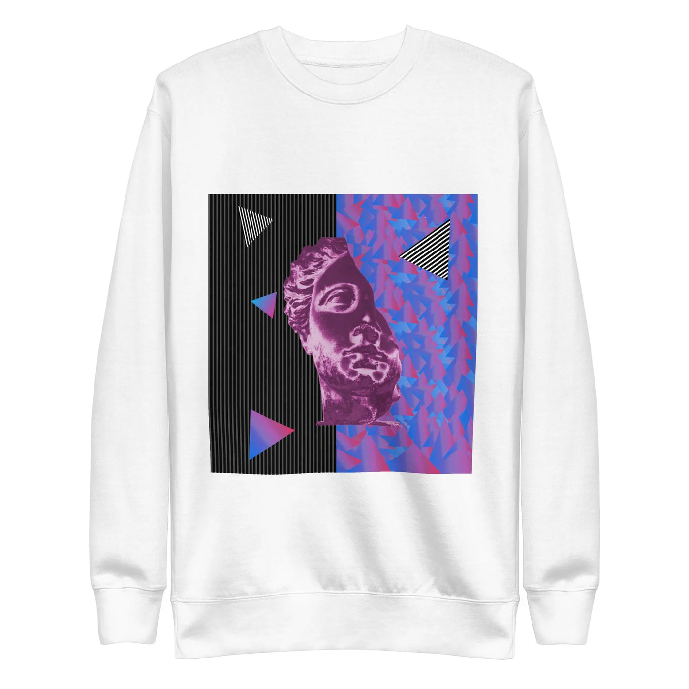 white unisex streetwear sweater with a blue motif on a white background