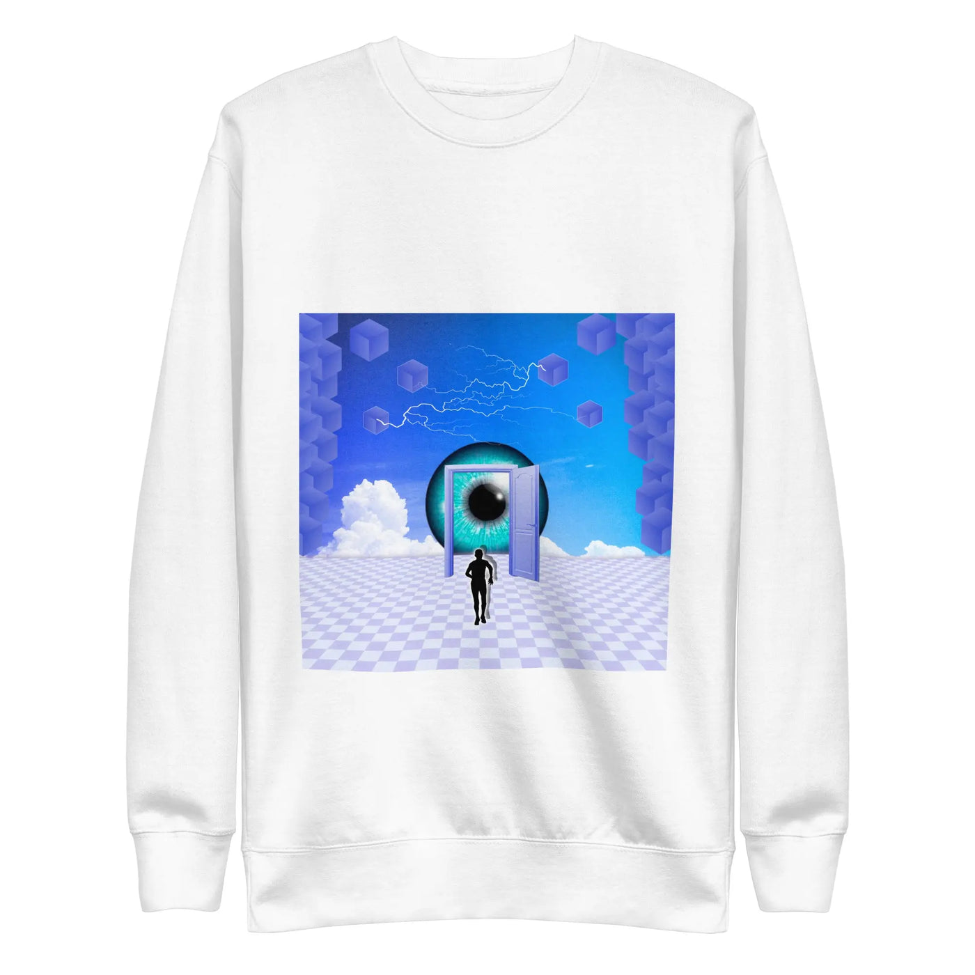 white unisex streetwear sweater with a blue motif on a white background