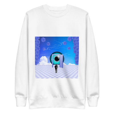 white unisex streetwear sweater with a blue motif on a white background