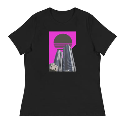 womens streetwear tshirt black with a purple motif on a white background