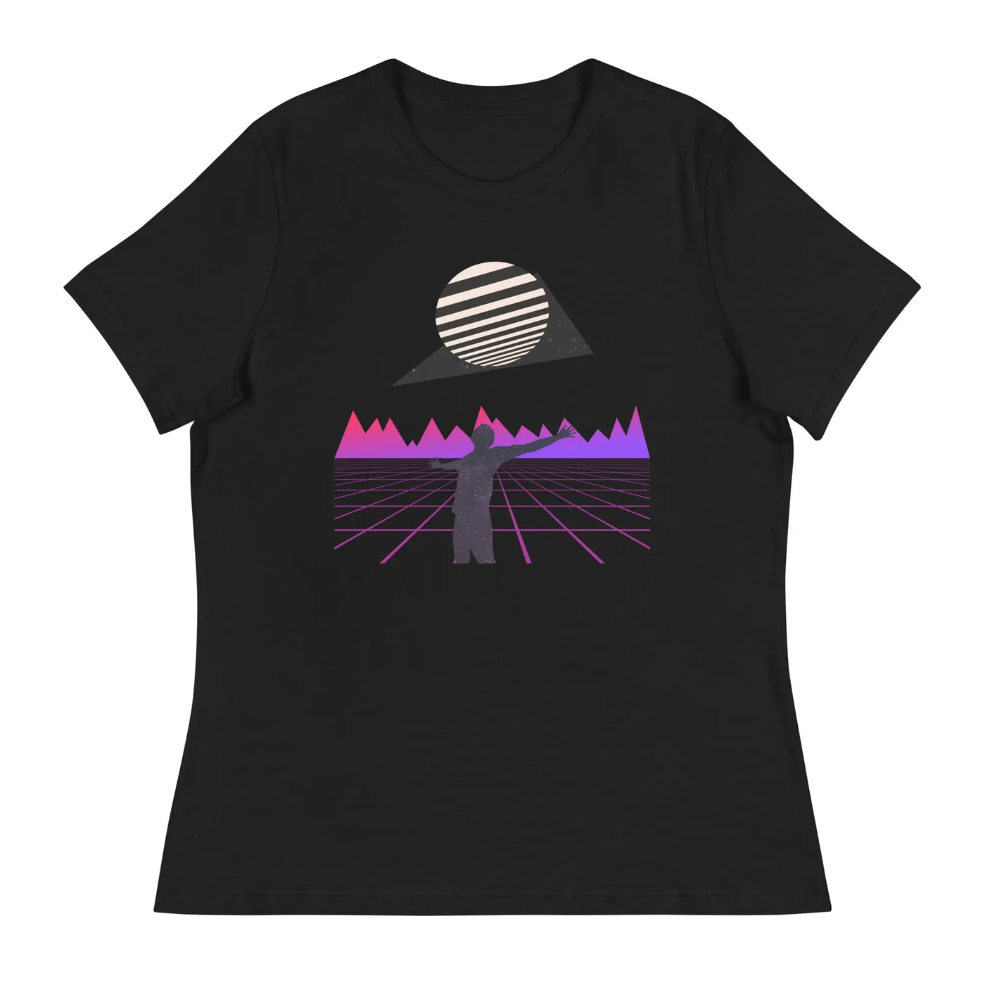 womens streetwear tshirt black with a purple motif on a white background