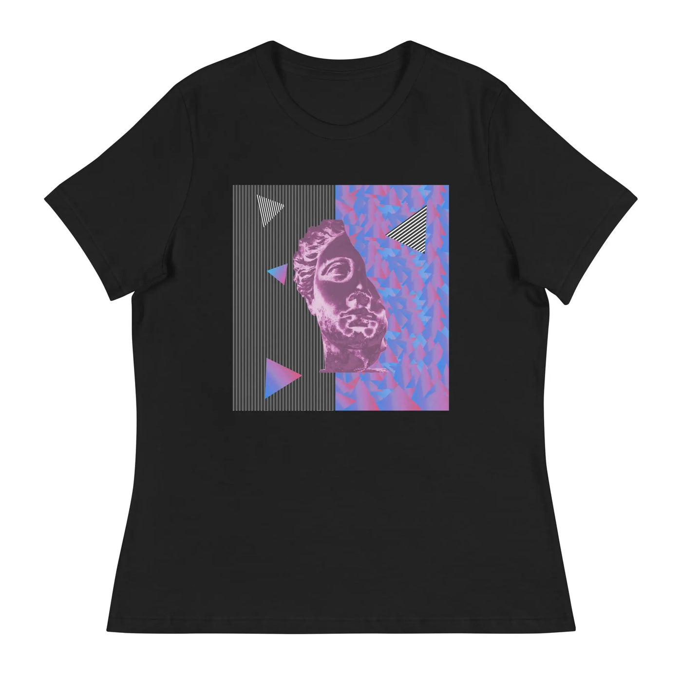 womens black  streetwear tshirt with purple motif on a white background