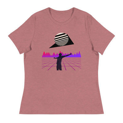 womens streetwear tshirt peach with a purple motif on a white background