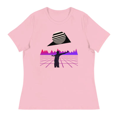 womens streetwear tshirt pink with a purple motif on a white background