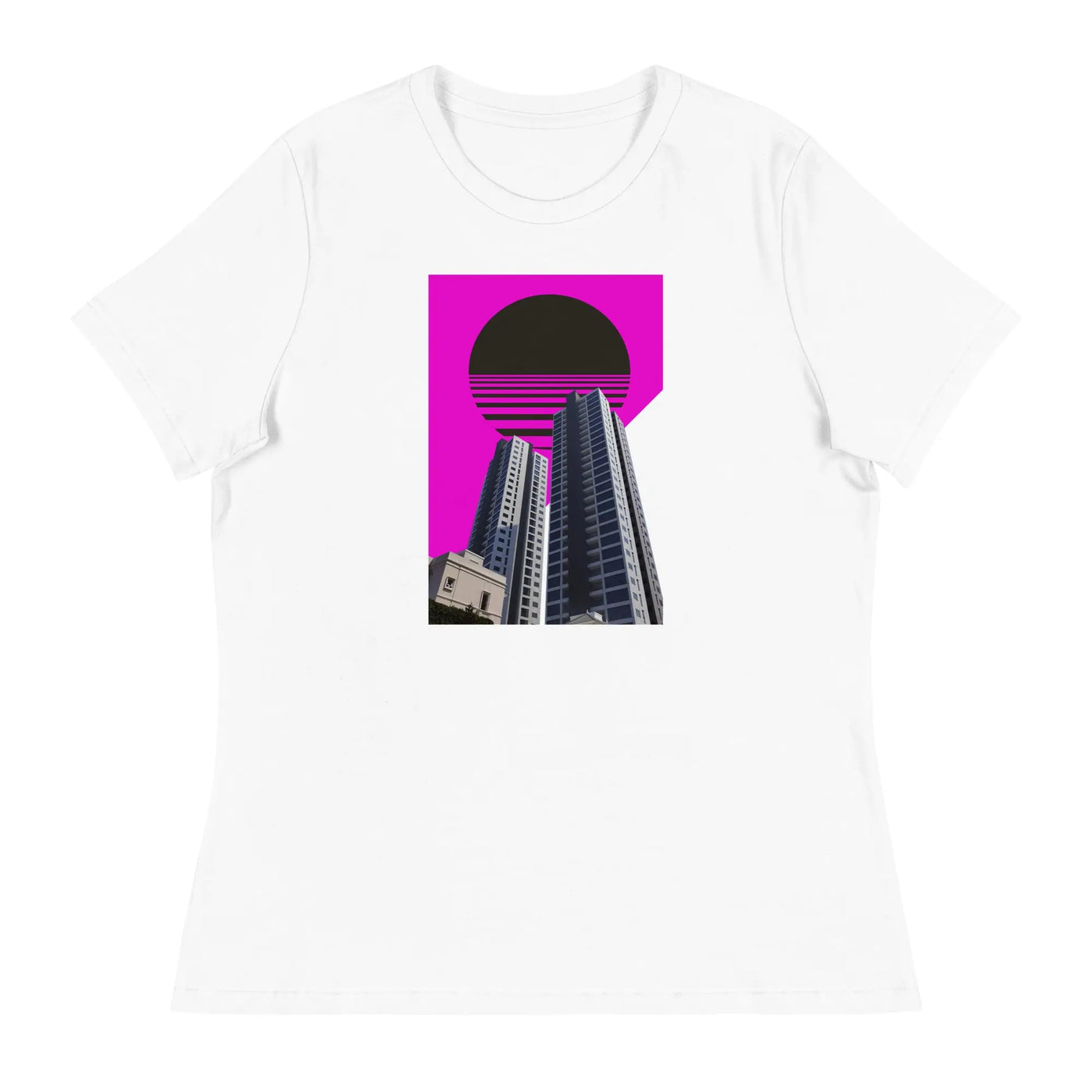 womens streetwear tshirt bwhite with a purple motif on a white background