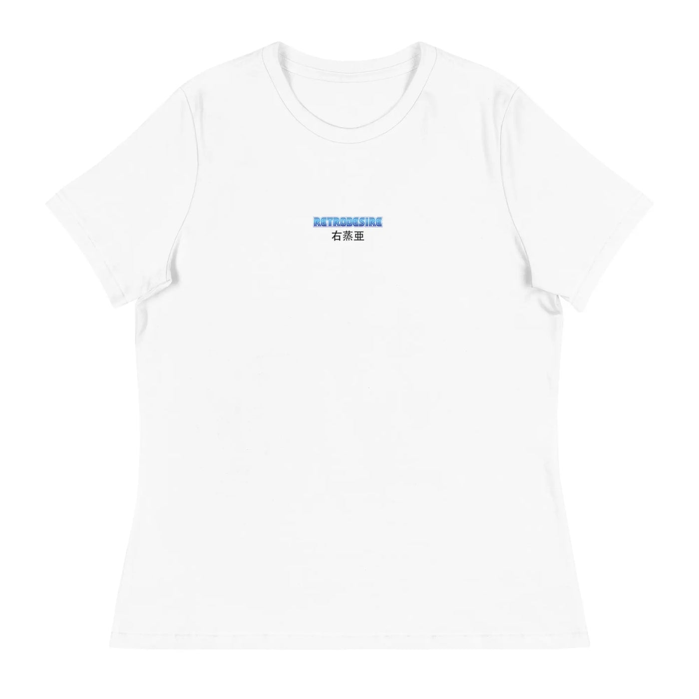 womens tshirt on a white background with a blue font